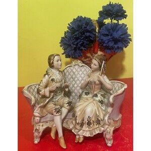 Vintage Dresden Porcelain Victorian Figurine Couple Having Tea Time Excellent